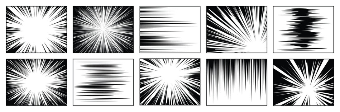 A collage displays black and white manga speed line effects in boxed frames arranged in a 2x5 grid