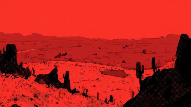 Desert landscape illustration with dramatic red tones.