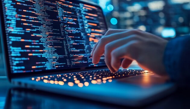 Abstract cybersecurity developer coding software and analyzing data on a laptop at a desk.