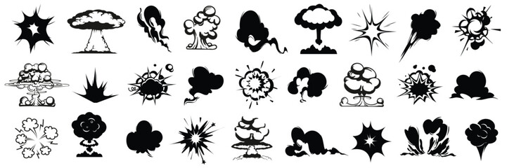 A collection of black and white cartoonstyle explosions and mushroom clouds