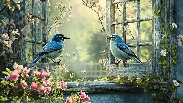 Two vibrant blue birds perched on a rustic window frame adorned with blooming flowers in a serene garden