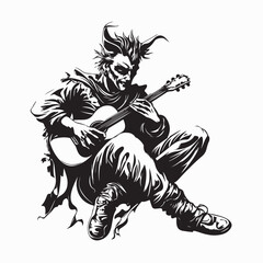 Relaxed Jester Sitting and Playing His Guitar with Joyful Expression Vector Illustration