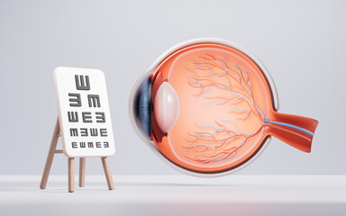 Cartoon style visual testing chart and medical eyeball structure, 3d rendering.