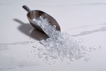 Crushed Ice Spilling from Metal Scoop onto White
