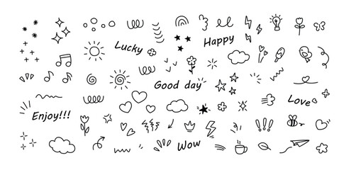 A collection of handdrawn doodles including stars hearts and words like Happy and Love