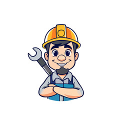 Repairman Logo, Helmet and Wrench Visible, Front Facing Cartoon Character Vector Illustration