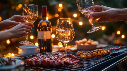 Celebrating Summer s End with a Delicious Grill Feast and Wine Toast under Twinkling Lights at Dusk