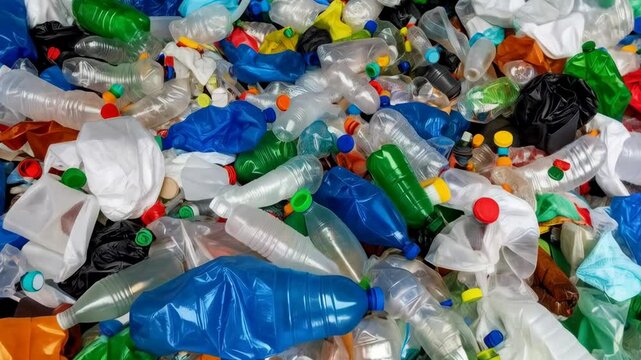 Close-up view of a pile of colorful used plastic bottles, indicating the challenge of plastic waste management and recycling efforts.