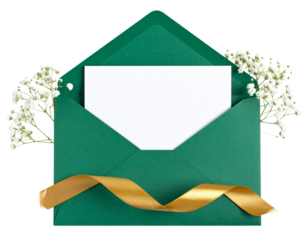 Minimalist Green Envelope and Blank Card with White Flowers and Gold Ribbon Transparent PNG