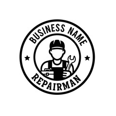 Vintage Repairman Logo With Circular Badge Frame, Bold Lines