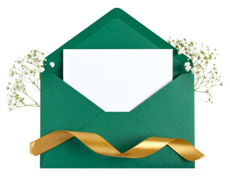 Minimalist Green Envelope and Blank Card with White Flowers and Gold Ribbon Transparent PNG - Powered by Adobe