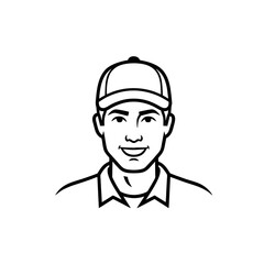 Simple Repairman Head Logo, Wearing Cap and Smiling, Black Stroke