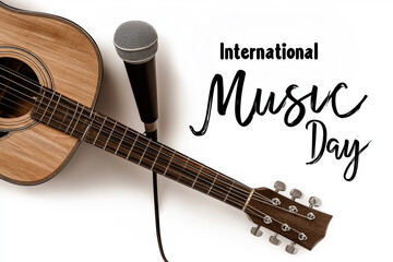 An acoustic guitar and a classic microphone are featured alongside the phrase "International Music Day," celebrating the joy and unity of music worldwide.

