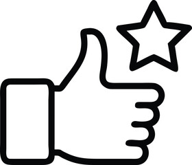 Thumb up gesture with a star, outline style feedback icon illustration