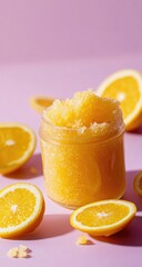 Orange scrub in glass jar, surrounded by orange slices