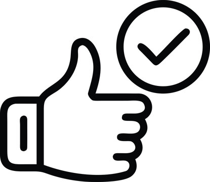 Thumbs up hand gesture with check mark in circle, outline design