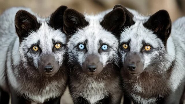 Three silver foxes showing their faces together with a blue eyed fox in the middle looking directly at the camera while having golden eyed foxes beside