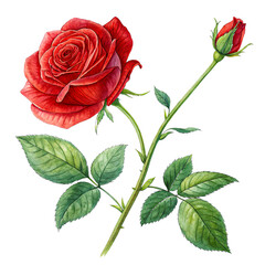 Fototapeta premium Red Rose with Green Leaves Isolated on Transparent Background Romantic Flower Illustration