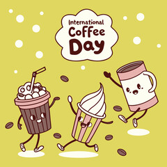 Animated Coffee Characters Celebrating International Coffee Day on a Light Yellow Background with Coffee Beans