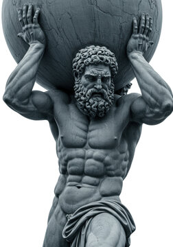 An ancient greek mythological statue of a powerful, muscular atlas or hercules straining to carry the world, pained yet determined expression, desaturated with blue tint, isolated on white background