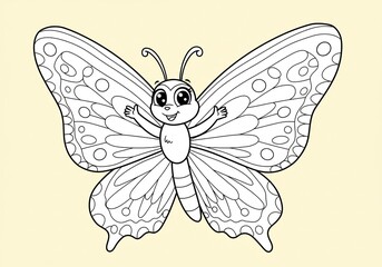 Cute cartoon butterfly spreads wings joyfully soft light background coloring page. AI Generated