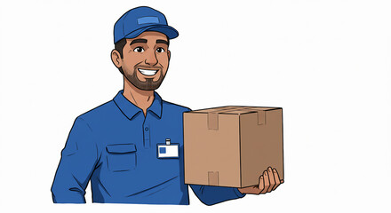 Smiling Delivery Man Holding Cardboard Box &ndash; Flat Illustration of Courier in Uniform on White Background