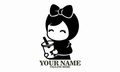 Cute hijab drink girl logo, cute hijab drink girl vector illustration and happy girl in hijab enjoying bubble vector illustration