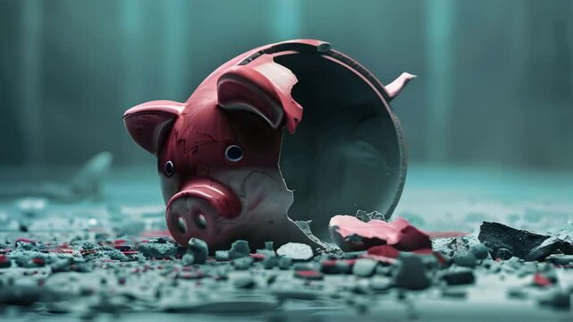 Broken piggy bank shattered on floor with scattered coins and debris symbolizing destruction of savings money and finance loss in dramatic scene