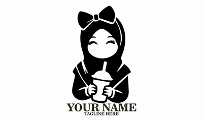 Cute hijab drink girl logo, cute hijab drink girl vector illustration and happy girl in hijab enjoying bubble vector illustration