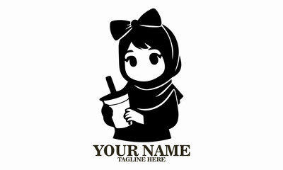 Cute hijab drink girl logo, cute hijab drink girl vector illustration and happy girl in hijab enjoying bubble vector illustration