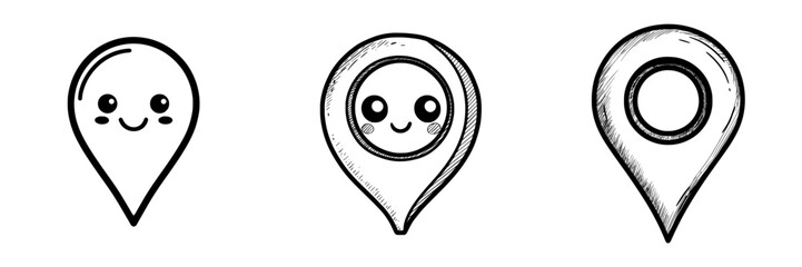 The modern illustration features a location pin icon in simple black and white, with an editable stroke