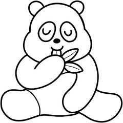 Hand drawn cartoon illustration outline of a panda sitting and eating leaves 