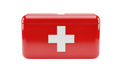 Fototapeta premium Red first aid kit box with a white cross on the front, isolated on a white background.