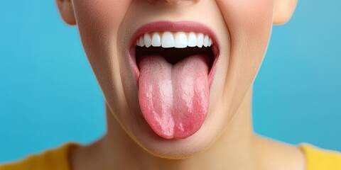 Close-up of a person sticking out their tongue against a blue background, showing teeth and lips in a playful expression.