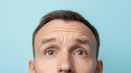Close-up image of a man's forehead and eyes showing prominent wrinkles and fine lines against a light blue background.