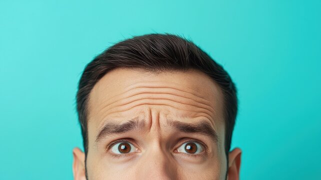 A close-up of a man's forehead and eyes showing raised eyebrows and wrinkles, expressing confusion or concern against a teal background.