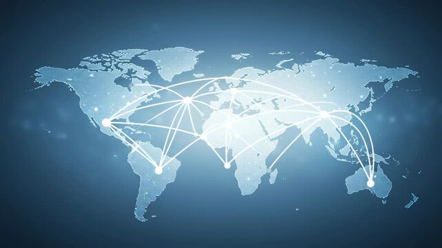 A digital world map glows with interconnected dots on a blue background
