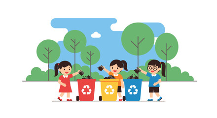 Obraz premium Children Sorting Waste for Recycling in Park Illustration