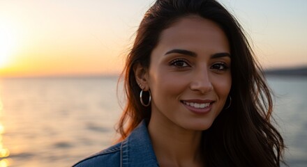 Portrait of a smiling young woman with long brown hair at sunset by the sea