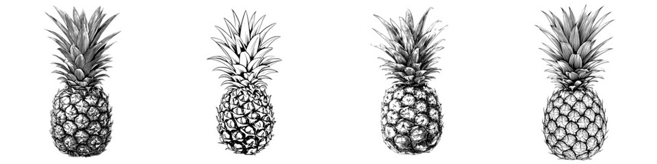 Obraz premium Modern illustration of tropical food, a simple black and white clip art of a pineapple fruit in outline drawing