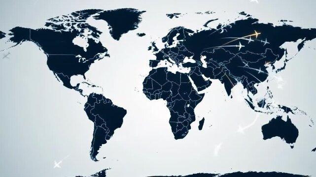 Airplanes flying over world map background, illustrating global travel and airline routes &ndash; aviation, connectivity, and international logistics concepts