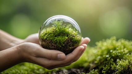 Hands Gently Holding Green Plant and Grass Symbolizing Nature and Sustainability