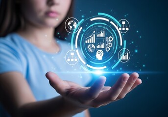 Woman holding a glowing digital interface with business and technology icons