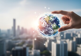 Human hand holding the earth surrounded by a network of people icons and connections
