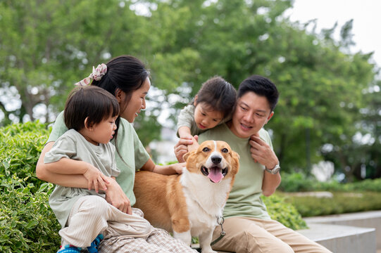 Mom holding son and daughter hugging dad looking patting corgi puppy while sitting on bench in park.