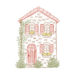 Hand drawn rustic Italian stone house with red shutters, flower pots, climbing plants in vintage sketch style. Vector illustration for travel posters, wall art, cards. © Ekaterina_Balashova