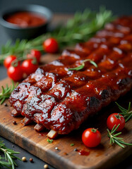 Juicy Glazed Ribs on Wooden Board