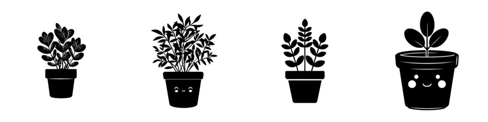 Obraz premium A solid black silhouette of a potted plant icon on a white background is presented