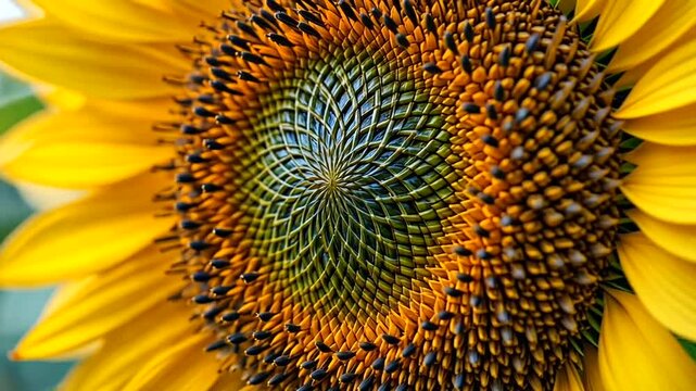 Close-up of golden sunflower head, showing intricate seed pattern and bright yellow petals