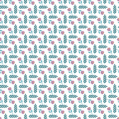 Seamless Floral Pattern with Pink Flowers and Green Leaves on White Background